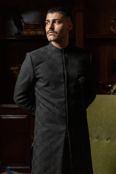 Buy_Philocaly_Black Cotton, Silk Cut Work Firoz Textured Embroidered Bandhgala _Online_at_Aza_Fashions