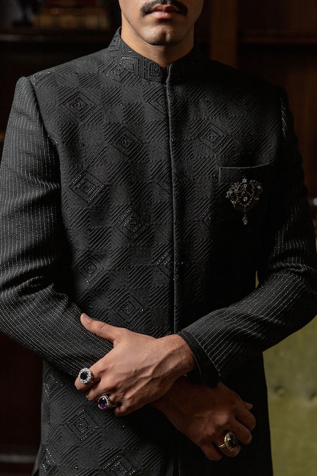 Shop_Philocaly_Black Cotton, Silk Cut Work Firoz Textured Embroidered Bandhgala _Online_at_Aza_Fashions