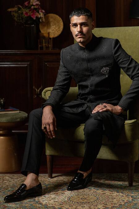 Philocaly_Black Cotton, Silk Cut Work Firoz Textured Embroidered Bandhgala _at_Aza_Fashions