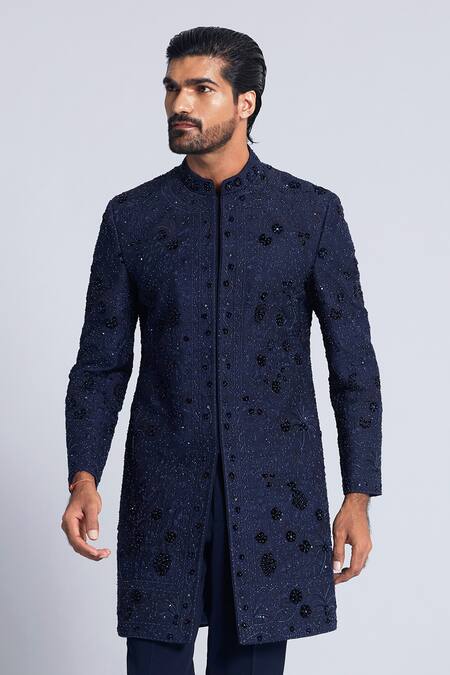 Sarab Khanijou Blue Raw Silk Embroidered Sequin Floral Bandhgala With Pant Online at Aza Fashions Sarab Khanijou_Blue Raw Silk Embroidered Sequin Floral Bandhgala With Pant _Online_at_Aza_Fashions