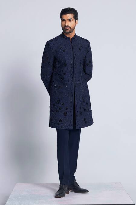 Buy Sarab Khanijou Blue Raw Silk Embroidered Sequin Floral Bandhgala With Pant Online at Aza Fashions Buy_Sarab Khanijou_Blue Raw Silk Embroidered Sequin Floral Bandhgala With Pant _Online_at_Aza_Fashions