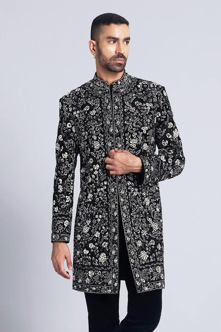 Sarab Khanijou Black Velvet Embroidered Thread Floral Garden Bandhgala With Pant Online at Aza Fashions Sarab Khanijou_Black Velvet Embroidered Thread Floral Garden Bandhgala With Pant _Online_at_Aza_Fashions