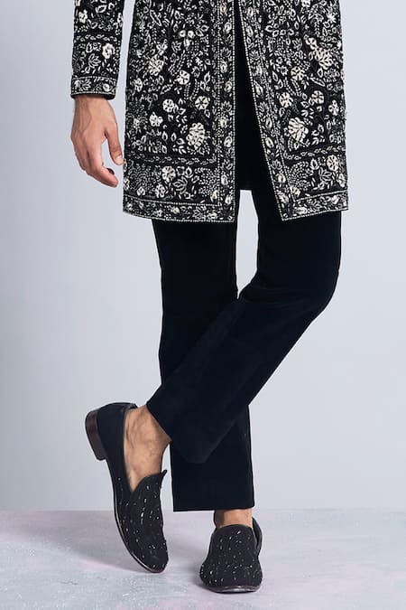 Buy Sarab Khanijou Black Velvet Embroidered Thread Floral Garden Bandhgala With Pant Online at Aza Fashions Buy_Sarab Khanijou_Black Velvet Embroidered Thread Floral Garden Bandhgala With Pant _Online_at_Aza_Fashions