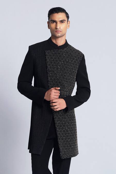 Sarab Khanijou Black Sandwash Embroidered Pintuck And Bandhgala With Pant Online at Aza Fashions Sarab Khanijou_Black Sandwash Embroidered Pintuck And Bandhgala With Pant _Online_at_Aza_Fashions