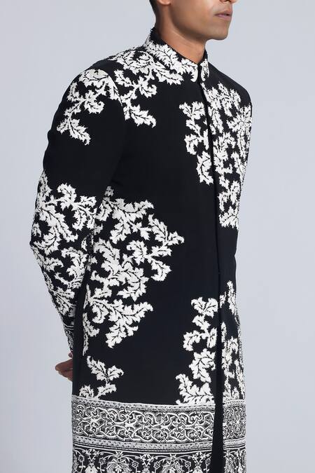 Sarab Khanijou Black Sandwash Embroidered Applique Floral Work Bandhgala With Pant Online at Aza Fashions Sarab Khanijou_Black Sandwash Embroidered Applique Floral Work Bandhgala With Pant _Online_at_Aza_Fashions