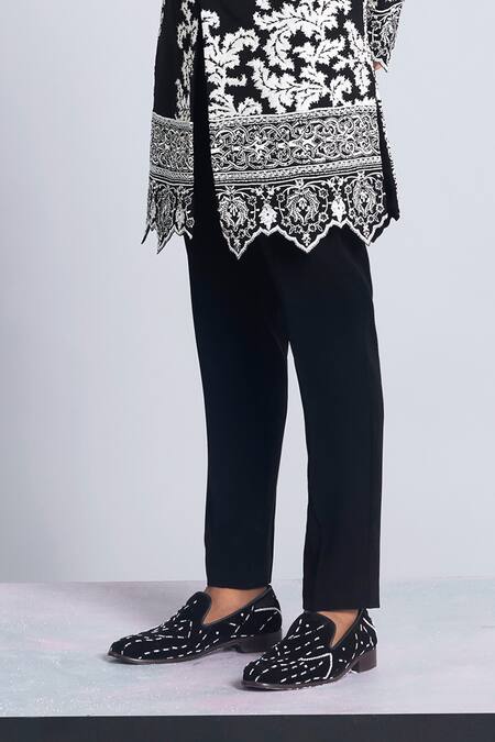 Buy Sarab Khanijou Black Sandwash Embroidered Applique Floral Work Bandhgala With Pant Online at Aza Fashions Buy_Sarab Khanijou_Black Sandwash Embroidered Applique Floral Work Bandhgala With Pant _Online_at_Aza_Fashions