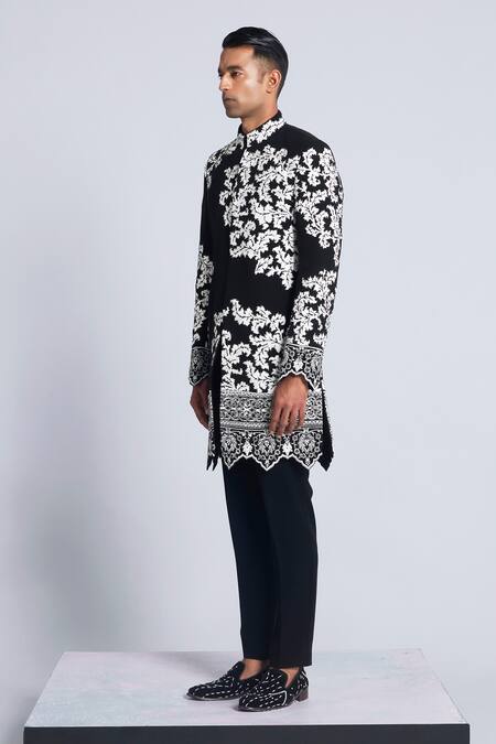 Shop Sarab Khanijou Black Sandwash Embroidered Applique Floral Work Bandhgala With Pant Online at Aza Fashions Shop_Sarab Khanijou_Black Sandwash Embroidered Applique Floral Work Bandhgala With Pant _Online_at_Aza_Fashions