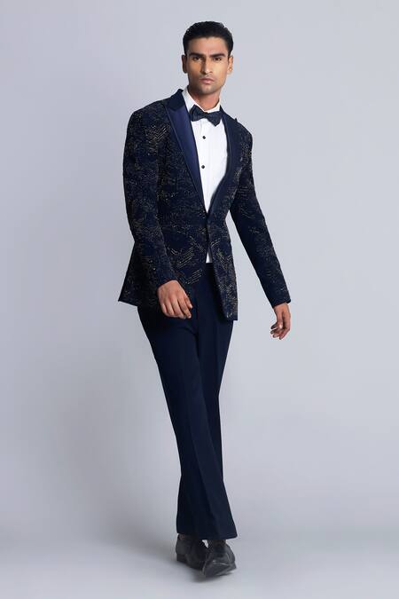 Sarab Khanijou_Blue Sandwash Embroidered Pearls Tuxedo Pant Set _at_Aza_Fashions