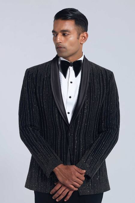 Sarab Khanijou_Black Sandwash Embroidered Stone Tuxedo Pant Set _Online_at_Aza_Fashions