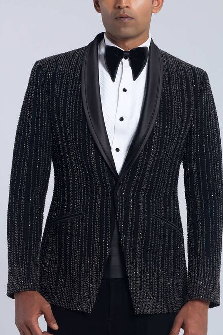 Buy_Sarab Khanijou_Black Sandwash Embroidered Stone Tuxedo Pant Set _Online_at_Aza_Fashions