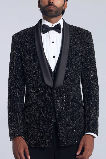 Sarab Khanijou Black Sandwash Embroidered Stone Tuxedo Set Online at Aza Fashions Sarab Khanijou_Black Sandwash Embroidered Stone Tuxedo Set _Online_at_Aza_Fashions