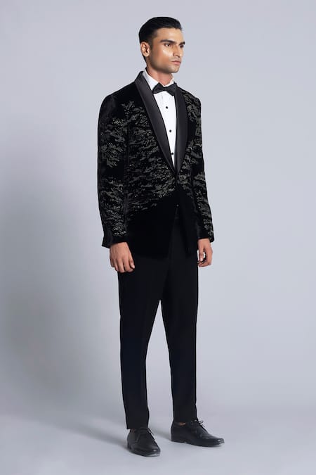 Shop_Sarab Khanijou_Black Sandwash Embroidered Pearl Tuxedo Set _at_Aza_Fashions