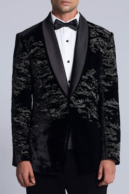 Buy_Sarab Khanijou_Black Sandwash Embroidered Pearl Tuxedo Set _Online_at_Aza_Fashions