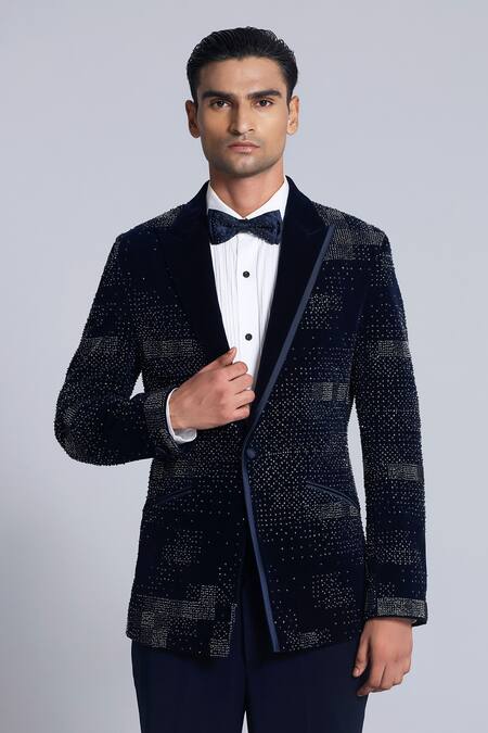 Sarab Khanijou_Navy Velvet Embroidered Sequin Tuxedo Set _Online_at_Aza_Fashions