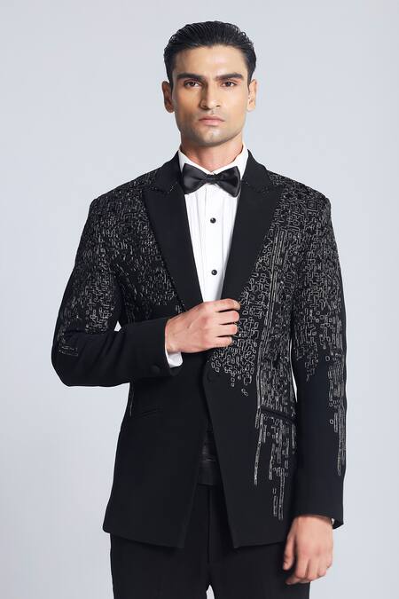 Sarab Khanijou_Black Sandwash Embroidered Thread Geometric Pattern Tuxedo Set _Online_at_Aza_Fashions