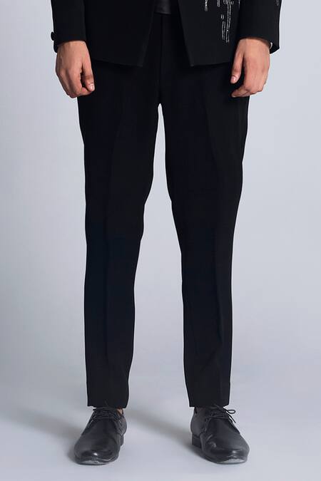 Buy_Sarab Khanijou_Black Sandwash Embroidered Thread Geometric Pattern Tuxedo Set _Online_at_Aza_Fashions