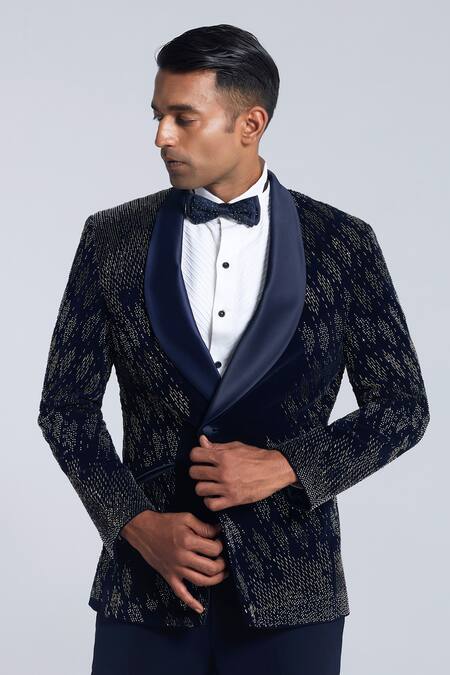 Sarab Khanijou_Blue Velvet Embroidered Beads Lines Pattern Tuxedo Set _Online_at_Aza_Fashions
