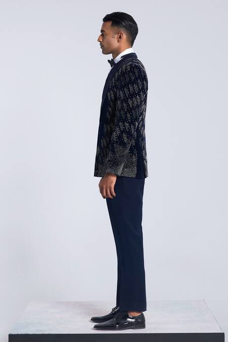 Buy_Sarab Khanijou_Blue Velvet Embroidered Beads Lines Pattern Tuxedo Set _Online_at_Aza_Fashions
