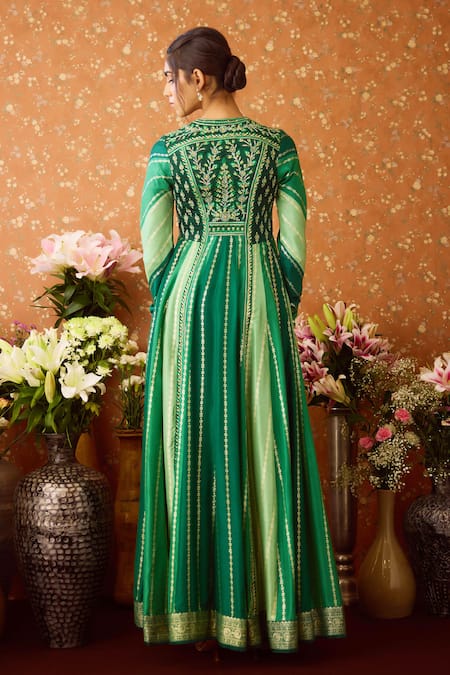 Shyam Narayan Prasad Green Organza, Brocade Embroidery Round Neck Phool Vine Anarkali Set Online at Aza Fashions Shyam Narayan Prasad_Green Organza, Brocade Embroidery Round Neck Phool Vine Anarkali Set _Online_at_Aza_Fashions