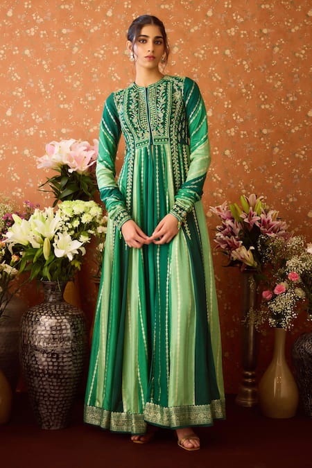 Buy Shyam Narayan Prasad Green Organza, Brocade Embroidery Round Neck Phool Vine Anarkali Set Online at Aza Fashions Buy_Shyam Narayan Prasad_Green Organza, Brocade Embroidery Round Neck Phool Vine Anarkali Set _Online_at_Aza_Fashions
