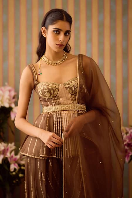 Buy Shyam Narayan Prasad Brown Organza, Viscose Zari, Bloom Vine Peplum Kurti And Dhoti Pant Set Online at Aza Fashions Buy_Shyam Narayan Prasad_Brown Organza, Viscose Zari, Bloom Vine Peplum Kurti And Dhoti Pant Set _Online_at_Aza_Fashions