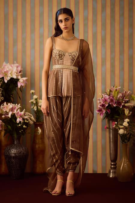 Shyam Narayan Prasad Brown Organza, Viscose Zari, Bloom Vine Peplum Kurti And Dhoti Pant Set at Aza Fashions Shyam Narayan Prasad_Brown Organza, Viscose Zari, Bloom Vine Peplum Kurti And Dhoti Pant Set _at_Aza_Fashions
