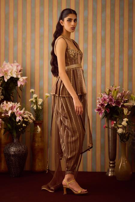 Buy Shyam Narayan Prasad Brown Organza, Viscose Zari, Bloom Vine Peplum Kurti And Dhoti Pant Set Buy_Shyam Narayan Prasad_Brown Organza, Viscose Zari, Bloom Vine Peplum Kurti And Dhoti Pant Set