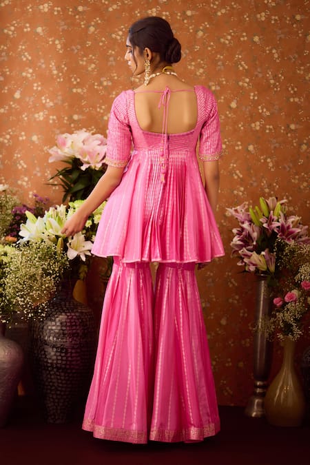 Shyam Narayan Prasad Pink Organza, Viscose, Brocade Zari, Blossom Vine Peplum Kurti And Sharara Set Online at Aza Fashions Shyam Narayan Prasad_Pink Organza, Viscose, Brocade Zari, Blossom Vine Peplum Kurti And Sharara Set _Online_at_Aza_Fashions