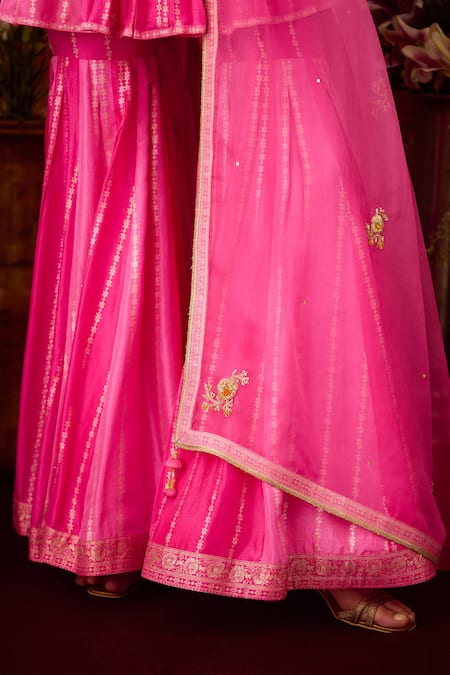 Shop Shyam Narayan Prasad Pink Organza, Viscose, Brocade Zari, Blossom Vine Peplum Kurti And Sharara Set Online at Aza Fashions Shop_Shyam Narayan Prasad_Pink Organza, Viscose, Brocade Zari, Blossom Vine Peplum Kurti And Sharara Set _Online_at_Aza_Fashions