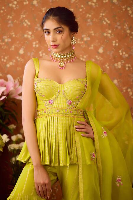 Buy Shyam Narayan Prasad Green Organza, Viscose, Brocade Callista Vine Peplum Kurti And Sharara Set Buy_Shyam Narayan Prasad_Green Organza, Viscose, Brocade Callista Vine Peplum Kurti And Sharara Set