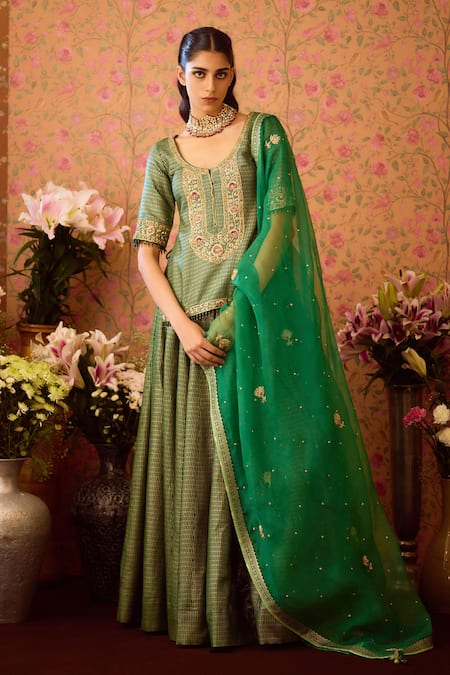 Shop Shyam Narayan Prasad Green Organza, Viscose Zari, Embroidery, Gul Jaal Zardozi Kurti And Lehenga Set Online at Aza Fashions Shop_Shyam Narayan Prasad_Green Organza, Viscose Zari, Embroidery, Gul Jaal Zardozi Kurti And Lehenga Set _Online_at_Aza_Fashions
