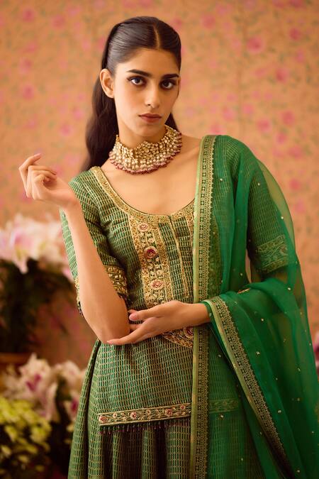 Buy Shyam Narayan Prasad Green Organza, Viscose Zari, Embroidery, Gul Jaal Zardozi Kurti And Lehenga Set Buy_Shyam Narayan Prasad_Green Organza, Viscose Zari, Embroidery, Gul Jaal Zardozi Kurti And Lehenga Set