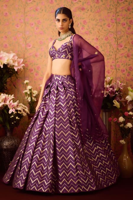 Shop Shyam Narayan Prasad Purple Brocade, Organza Zari Sweetheart Chevron Phool Vine Woven Lehenga Set Online at Aza Fashions Shop_Shyam Narayan Prasad_Purple Brocade, Organza Zari Sweetheart Chevron Phool Vine Woven Lehenga Set _Online_at_Aza_Fashions