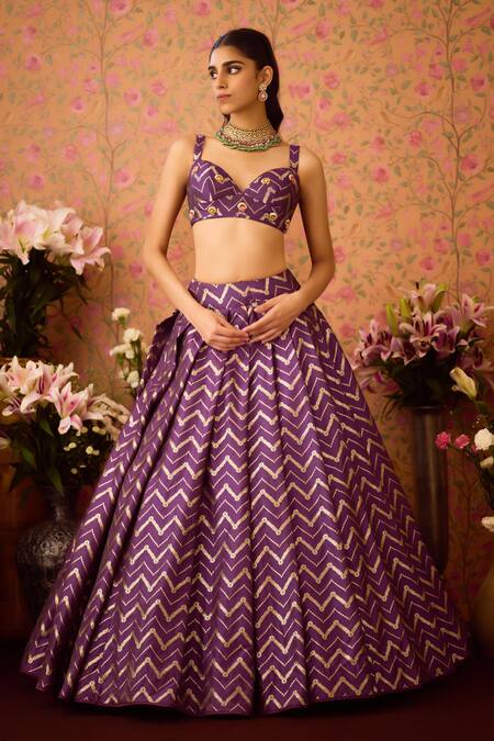 Shyam Narayan Prasad Purple Brocade, Organza Zari Sweetheart Chevron Phool Vine Woven Lehenga Set at Aza Fashions Shyam Narayan Prasad_Purple Brocade, Organza Zari Sweetheart Chevron Phool Vine Woven Lehenga Set _at_Aza_Fashions