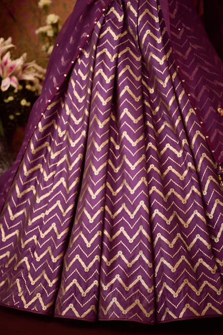 Buy Shyam Narayan Prasad Purple Brocade, Organza Zari Sweetheart Chevron Phool Vine Woven Lehenga Set Buy_Shyam Narayan Prasad_Purple Brocade, Organza Zari Sweetheart Chevron Phool Vine Woven Lehenga Set