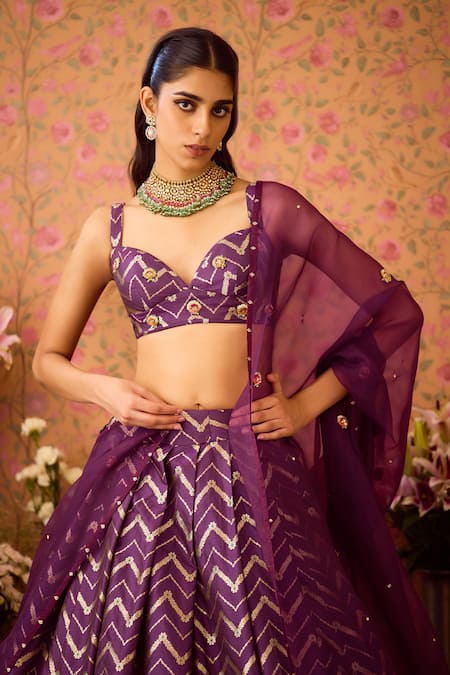 Shop Shyam Narayan Prasad Purple Brocade, Organza Zari Sweetheart Chevron Phool Vine Woven Lehenga Set Shop_Shyam Narayan Prasad_Purple Brocade, Organza Zari Sweetheart Chevron Phool Vine Woven Lehenga Set