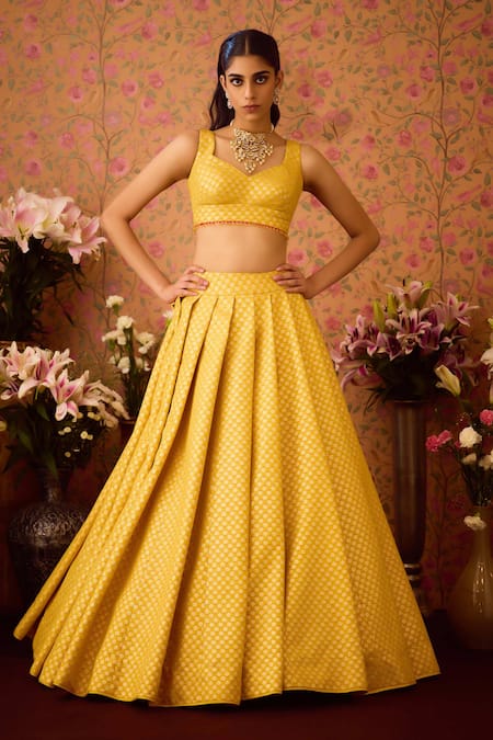Buy Shyam Narayan Prasad Yellow Brocade, Organza Embroidery, Zari Damask Motif Woven Lehenga Set Online at Aza Fashions Buy_Shyam Narayan Prasad_Yellow Brocade, Organza Embroidery, Zari Damask Motif Woven Lehenga Set _Online_at_Aza_Fashions