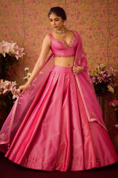 Buy Shyam Narayan Prasad Pink Organza, Brocade Tassels, Embroidery, Zari Florin Jaal Woven Lehenga Set Online at Aza Fashions Buy_Shyam Narayan Prasad_Pink Organza, Brocade Tassels, Embroidery, Zari Florin Jaal Woven Lehenga Set _Online_at_Aza_Fashions