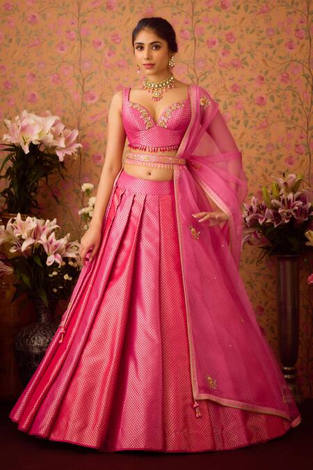 Shop Shyam Narayan Prasad Pink Organza, Brocade Tassels, Embroidery, Zari Florin Jaal Woven Lehenga Set Online at Aza Fashions Shop_Shyam Narayan Prasad_Pink Organza, Brocade Tassels, Embroidery, Zari Florin Jaal Woven Lehenga Set _Online_at_Aza_Fashions