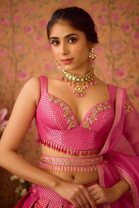 Shyam Narayan Prasad Pink Organza, Brocade Tassels, Embroidery, Zari Florin Jaal Woven Lehenga Set at Aza Fashions Shyam Narayan Prasad_Pink Organza, Brocade Tassels, Embroidery, Zari Florin Jaal Woven Lehenga Set _at_Aza_Fashions