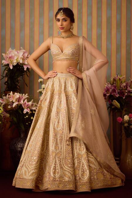 Buy Shyam Narayan Prasad Grey Organza, Silk Tassels, Embroidery, Zari Ornate Bloom Applique Lehenga Set Buy_Shyam Narayan Prasad_Grey Organza, Silk Tassels, Embroidery, Zari Ornate Bloom Applique Lehenga Set