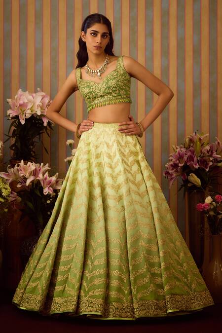 Buy Shyam Narayan Prasad Green Silk, Organza Crystals, Tassels Zari Embroidered Lehenga Set Online at Aza Fashions Buy_Shyam Narayan Prasad_Green Silk, Organza Crystals, Tassels Zari Embroidered Lehenga Set _Online_at_Aza_Fashions