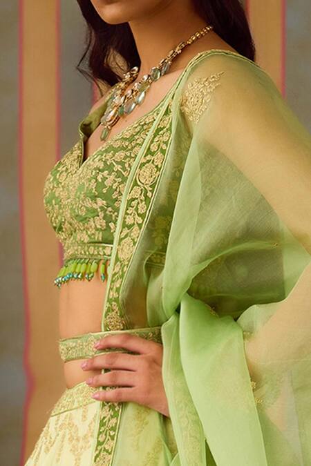 Buy Shyam Narayan Prasad Green Silk, Organza Crystals, Tassels Zari Embroidered Lehenga Set Buy_Shyam Narayan Prasad_Green Silk, Organza Crystals, Tassels Zari Embroidered Lehenga Set
