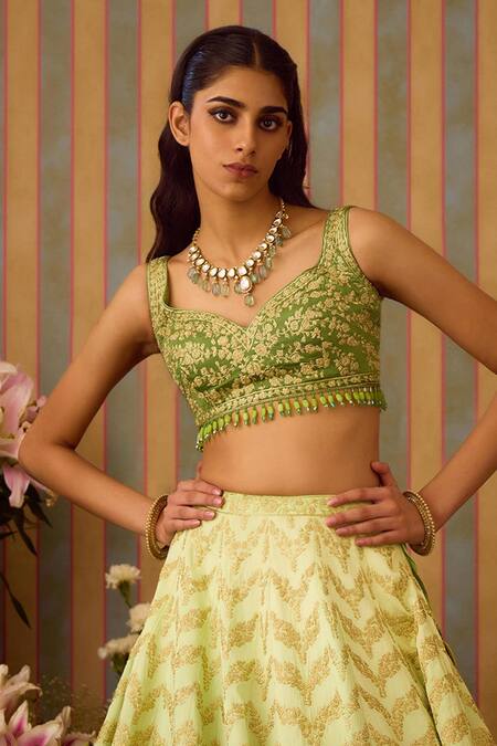 Shop Shyam Narayan Prasad Green Silk, Organza Crystals, Tassels Zari Embroidered Lehenga Set Shop_Shyam Narayan Prasad_Green Silk, Organza Crystals, Tassels Zari Embroidered Lehenga Set