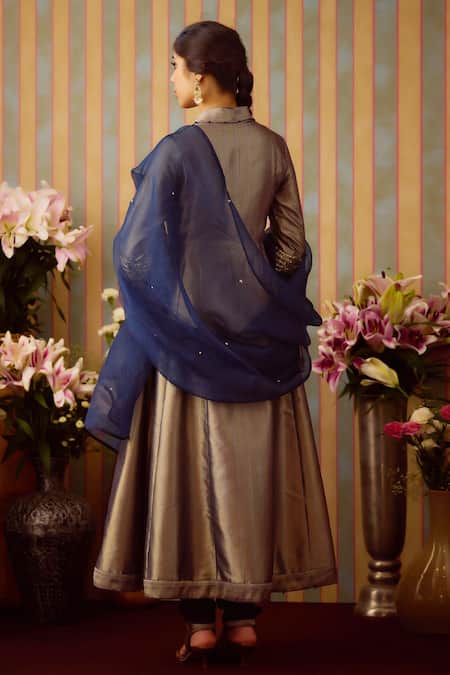 Shyam Narayan Prasad Blue Organza, Brocade Embroidery Shawl Neck Zardozi Angarkha Set Online at Aza Fashions Shyam Narayan Prasad_Blue Organza, Brocade Embroidery Shawl Neck Zardozi Angarkha Set _Online_at_Aza_Fashions