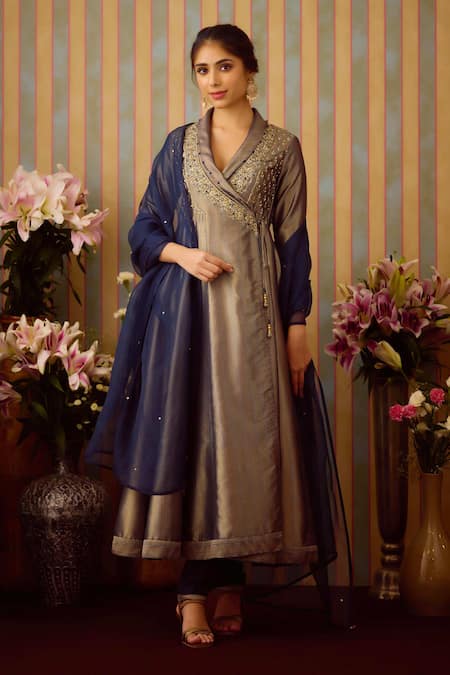 Buy Shyam Narayan Prasad Blue Organza, Brocade Embroidery Shawl Neck Zardozi Angarkha Set Online at Aza Fashions Buy_Shyam Narayan Prasad_Blue Organza, Brocade Embroidery Shawl Neck Zardozi Angarkha Set _Online_at_Aza_Fashions