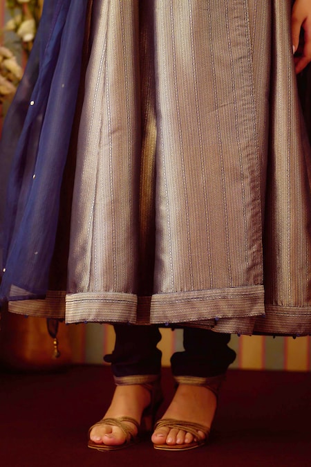 Shop Shyam Narayan Prasad Blue Organza, Brocade Embroidery Shawl Neck Zardozi Angarkha Set Online at Aza Fashions Shop_Shyam Narayan Prasad_Blue Organza, Brocade Embroidery Shawl Neck Zardozi Angarkha Set _Online_at_Aza_Fashions