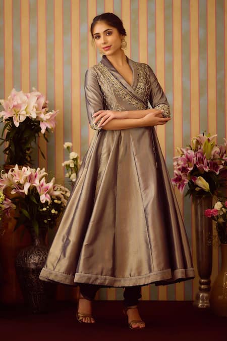 Buy Shyam Narayan Prasad Blue Organza, Brocade Embroidery Shawl Neck Zardozi Angarkha Set Buy_Shyam Narayan Prasad_Blue Organza, Brocade Embroidery Shawl Neck Zardozi Angarkha Set