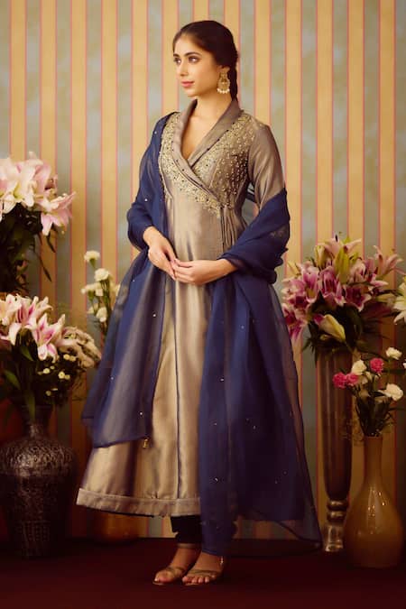 Shop Shyam Narayan Prasad Blue Organza, Brocade Embroidery Shawl Neck Zardozi Angarkha Set Shop_Shyam Narayan Prasad_Blue Organza, Brocade Embroidery Shawl Neck Zardozi Angarkha Set