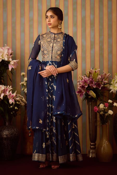 Shyam Narayan Prasad Blue Brocade Woven Floral Stripe Round Anarkali Set 